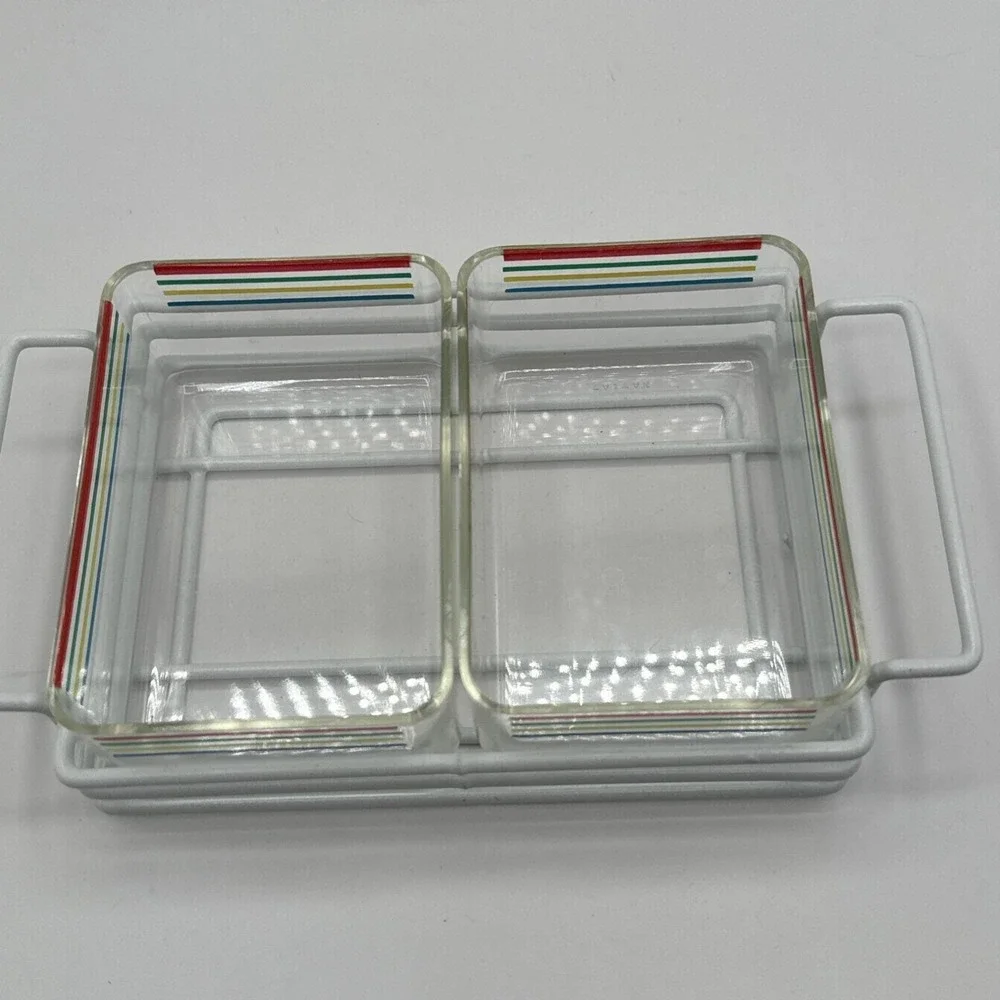 Vintage 80s Case Buffet Ware Acrylic Serving Trays Striped Color Napkins Set